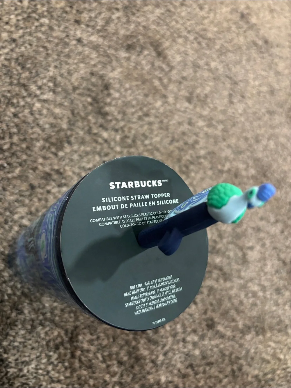 Starbucks Silicone Straw Topper — Green & Blue peacock Design brand new